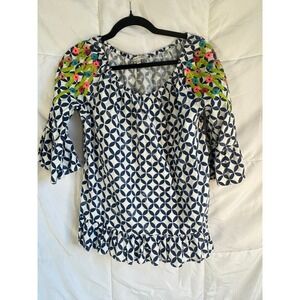 JOHN MARK Embroidered Tunic Top Boho Geometric Print Ruffle Sleeve Women's S